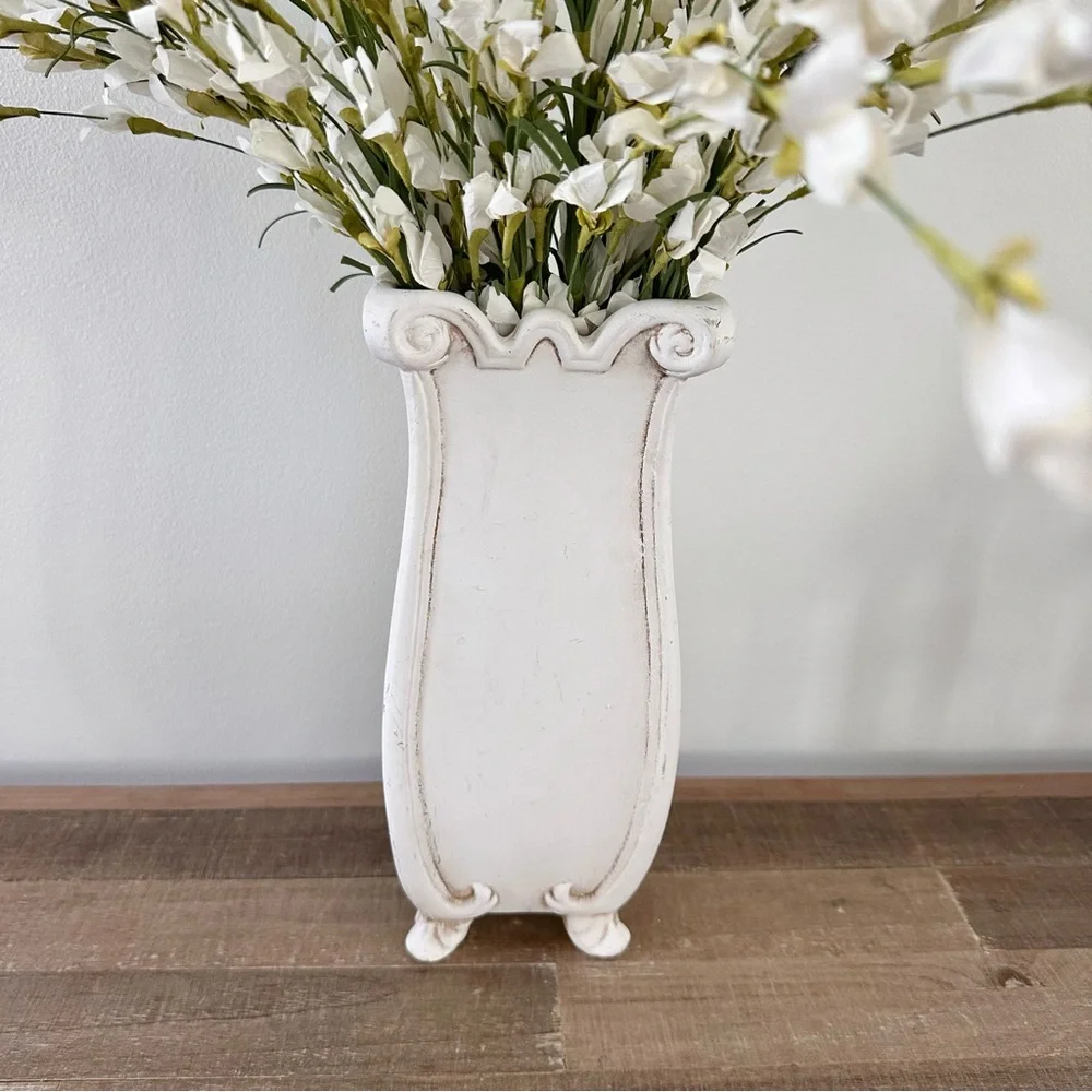 Elegant White Vintage Ceramic Classic Floral Vase Scroll 10.5 inches X 4 inches